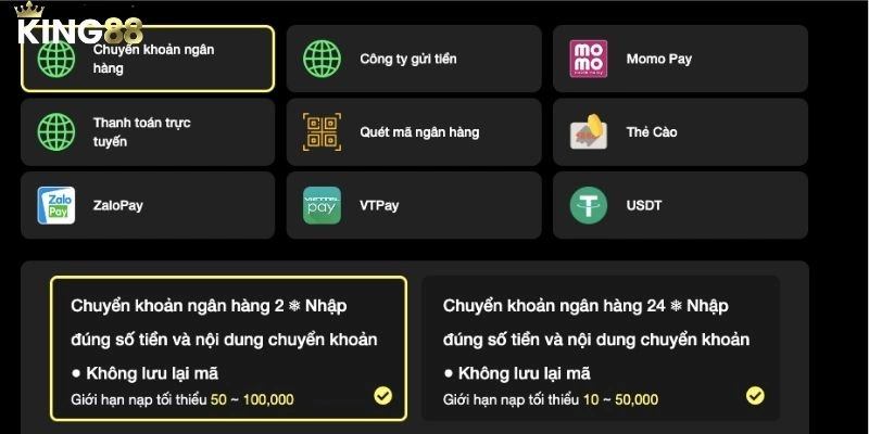 Hướng dẫn sử dụng ví điện tử để nạp tiền tại King88