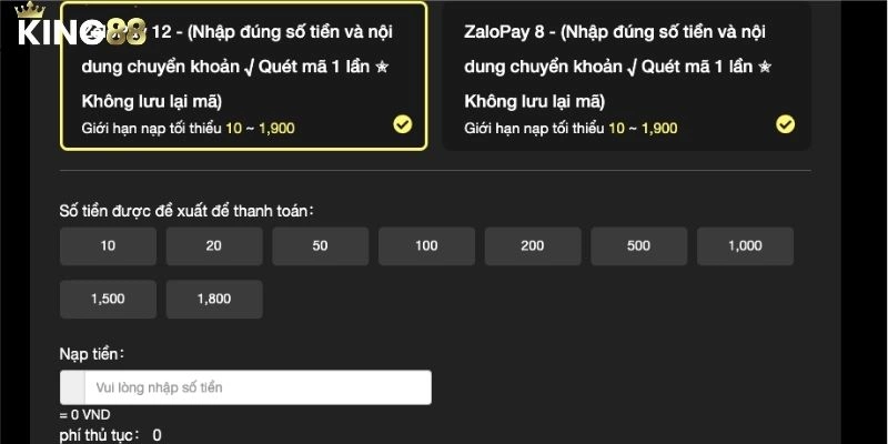 Lưu ý khi nạp tiền King88